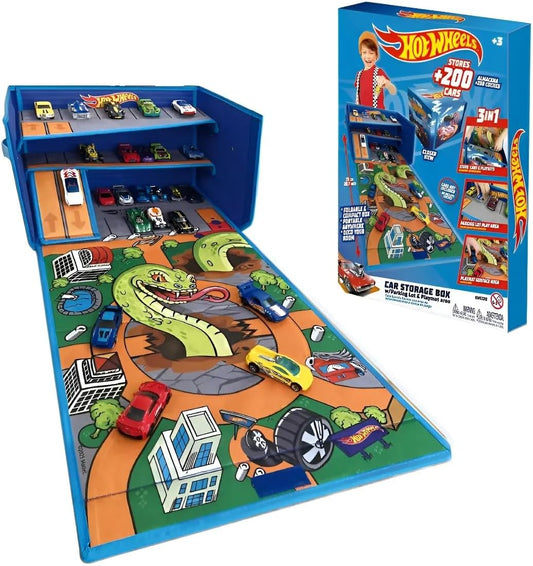 Hot Wheels Caixa de Garagem com Tapete de Brincar - 3 em 1 Caixa de Armazenamento Dobrável para Carrinhos com Pistas de Velocidade | Armazenamento para Carrinhos de Brinquedo (Carrinhos Não Inclusos)