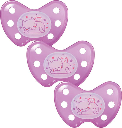 Dentistar Conjunto de 3 chupetas de silicone Night - Tamanho 3 para mais de 14 meses - Chupeta de silicone com degrau dentário - Roxo com motivo de gato - Brilha no escuro - Acessórios para bebês sem BPA