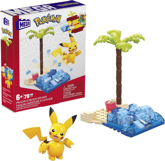 MEGA Conjunto de construção Beach Splash do Pokémon Pikachu com 79 peças e peças compatíveis que se conectam com outros mundos, conjunto de brinquedos para presente para maiores de 7 anos, HDL76