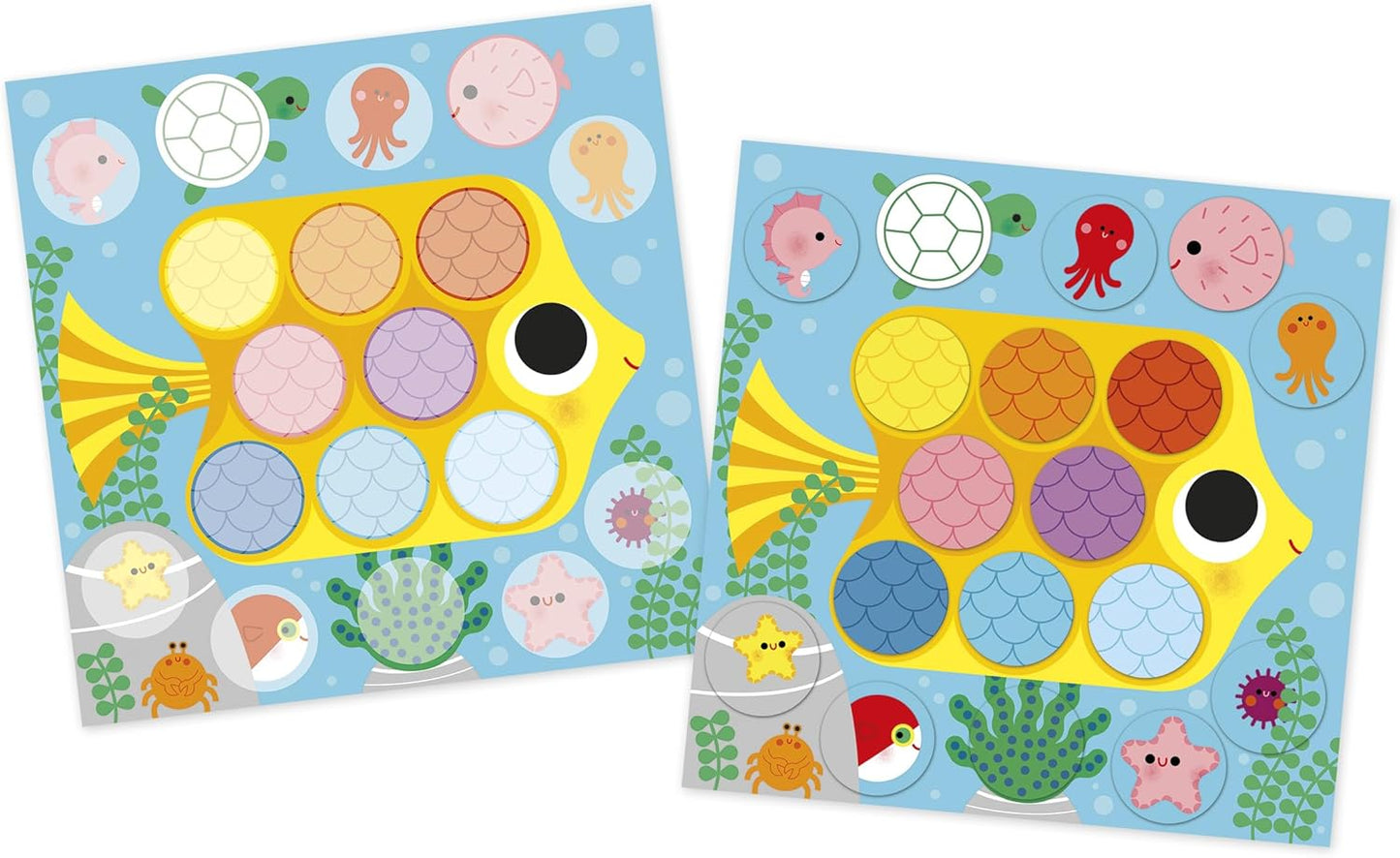 Janod - 72 Adesivos redondos grandes adequados para mãos pequenas - A partir de 2 anos - 4 quadros para preencher lacunas - Adesivos redondos - Kit de lazer criativo infantil - Habilidades motoras finas e concentração - J09159