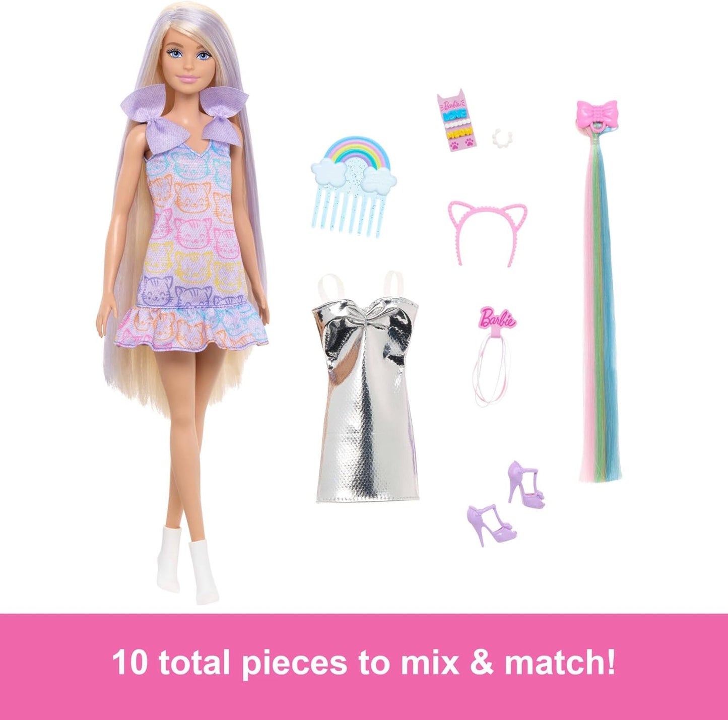 Barbie Fun & Fancy Boneca e Acessórios, Boneca Fashion Loira com Cabelo Extralongo e 2 Looks, Incluindo Vestido Prateado Metálico e Aplique de Cabelo, JCT72