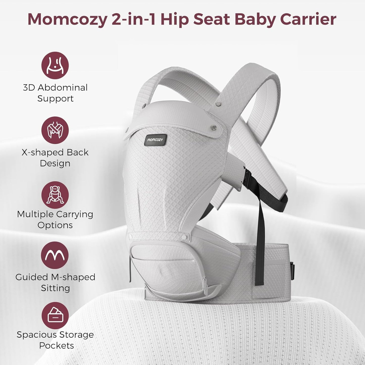Momcozy Canguru com assento de quadril, 2 em 1 para carregar o bebê de frente para a rua, canguru destacável para uso com as mãos livres até 20 kg, canguru respirável para bebês com cintura de até 120 cm, cinza AirMesh