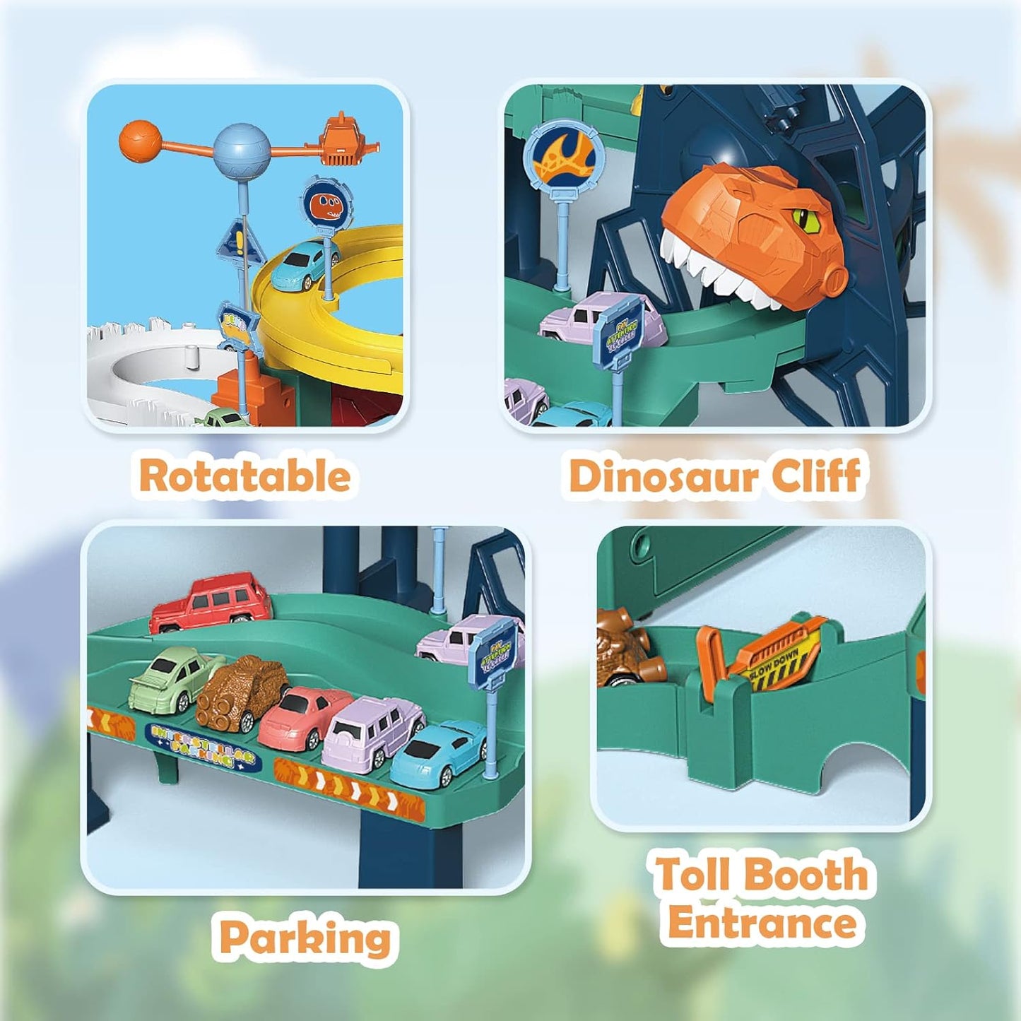 RedCrab Conjunto de Brinquedo Infantil com Carrinhos Espaciais, Rampa, Pista Sinuosa, Colina dos Dinossauros, Luzes e Música, 4 Mini Carros e Mapa para Meninos e Meninas a partir de 3 Anos