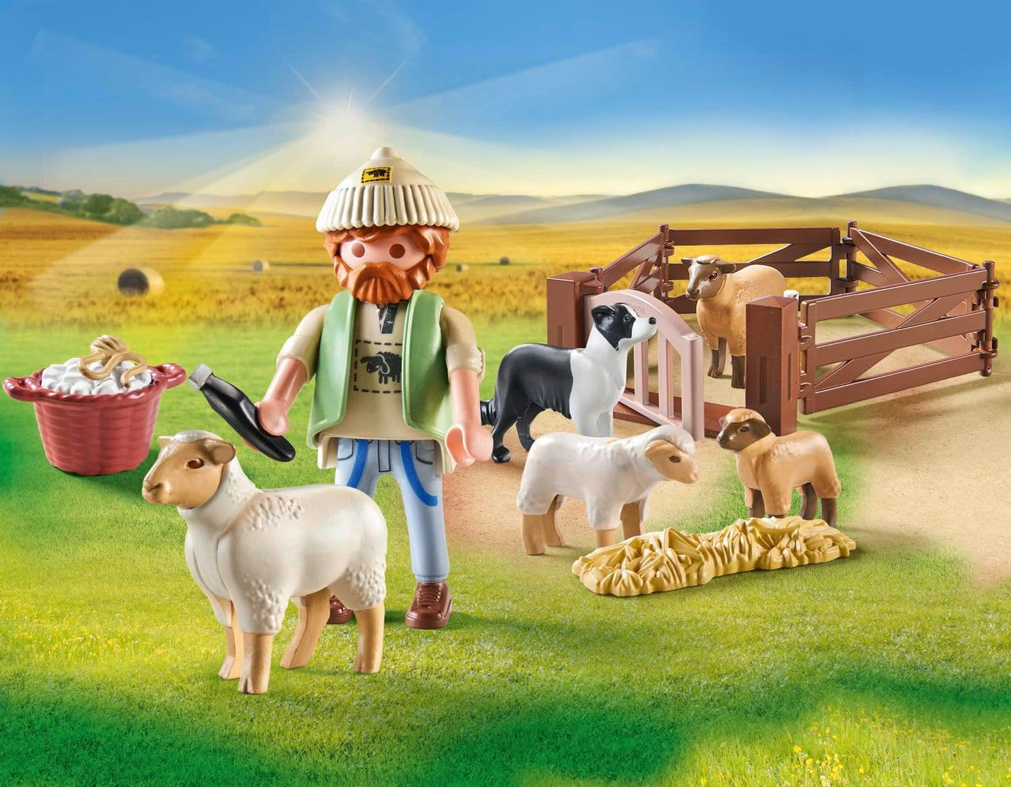 Playmobil 71444 País: Jovem pastor com rebanho de ovelhas, com border collie, aparador de cabelo e tira de palha, dramatização divertida e imaginativa, conjuntos de jogos sustentáveis adequados para crianças a partir de 4 anos
