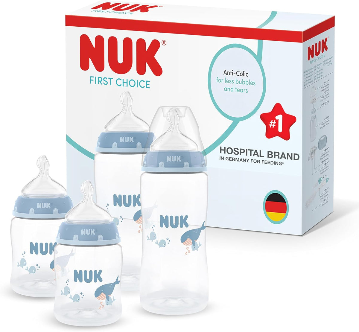 NUK Kit de Mamadeiras First Choice para Recém-Nascidos | 0-3+ meses | 150 ml e 300 ml | Mamadeira Anticólica | Polipropileno (PP) | Indicador de Controle de Temperatura | Baleia | 4 unidades