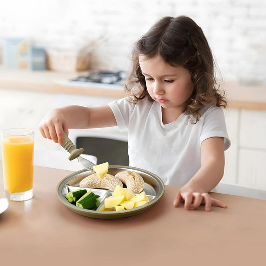 PandaEar Conjunto de 2 pratos com ventosa e 2 colheres e garfos em aço inoxidável para alimentação infantil, utensílios para bebês e crianças pequenas, pratos divididos para introdução alimentar BLW (Baby Led Weaning), livre de BPA.
