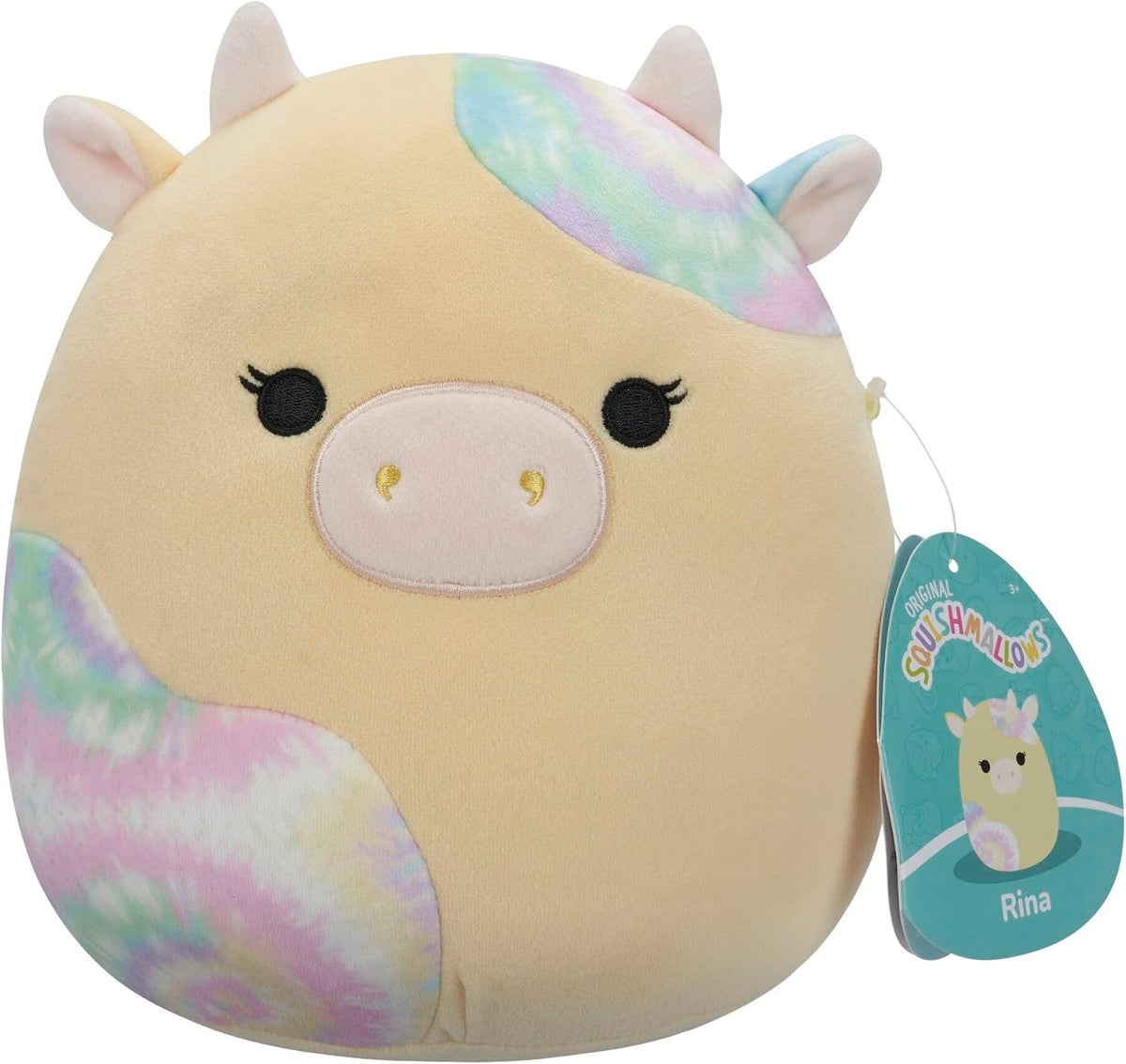 Squishmallows Original Rina, a Vaca Amarela com Manchas Tie-Dye, de 7,5 Polegadas – Pelúcia Oficial da Jazwares