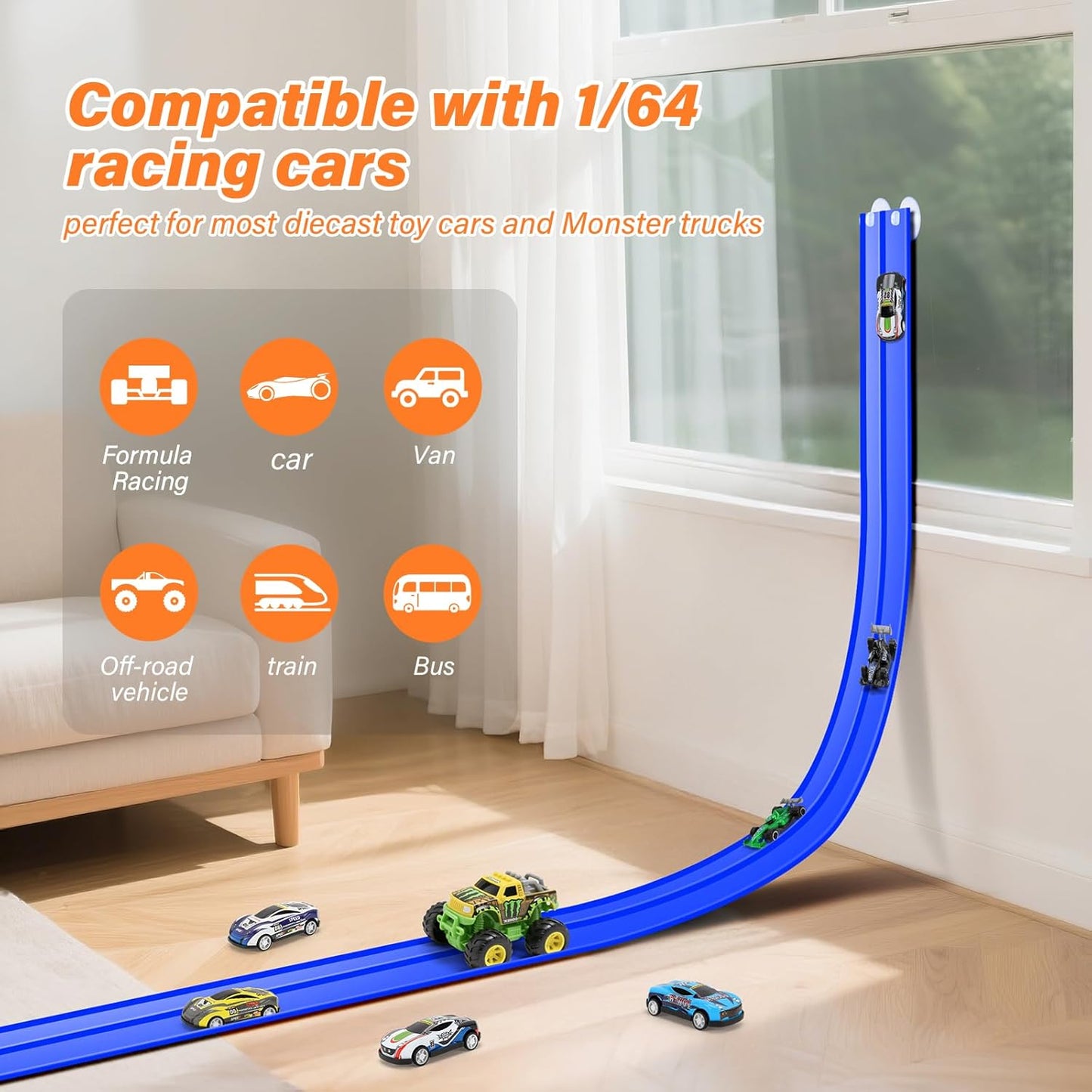 KETIEE Pista de corrida de 5m com 4 carrinhos: Pista de corrida flexível com rampas para carrinhos de brinquedo, enrolável e portátil, com saltos, loops e rampas para carrinhos de escala 1/64, para crianças a partir de 3 anos, azul.