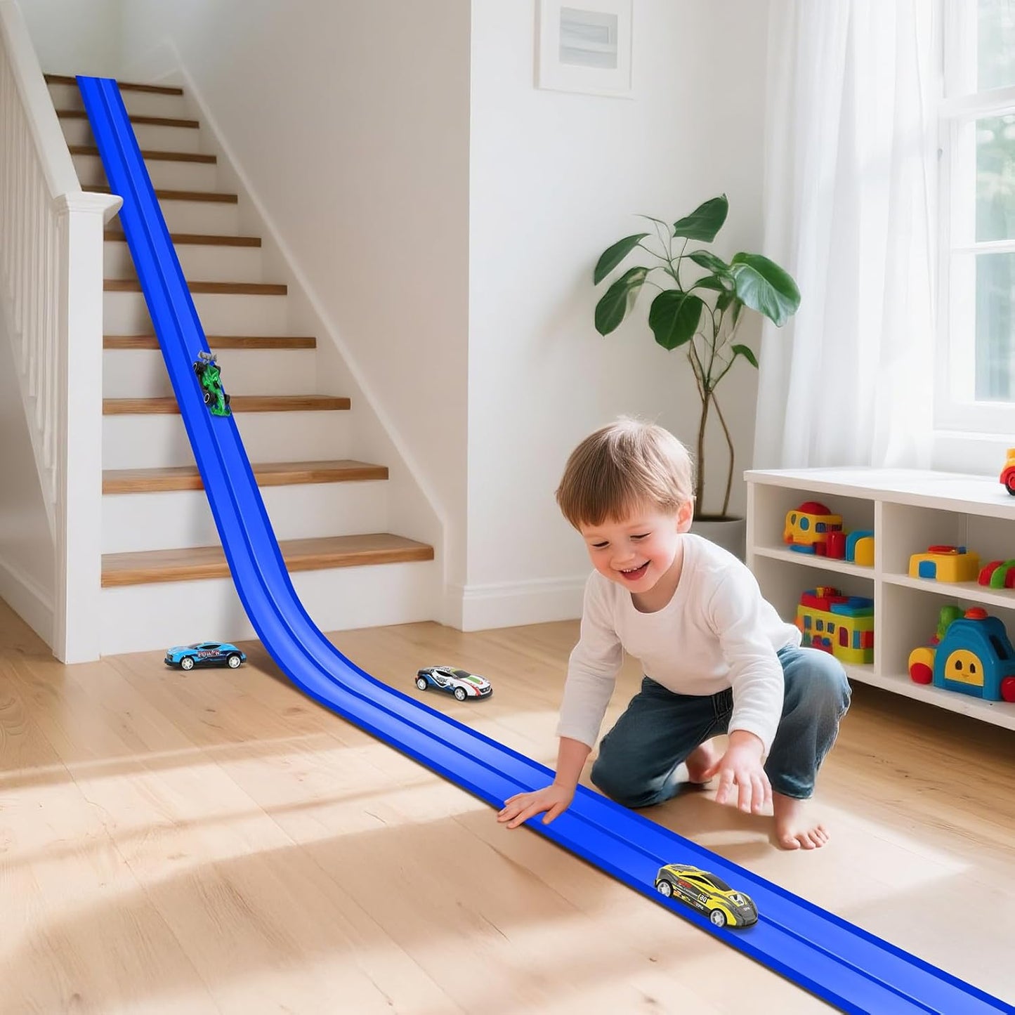 KETIEE Pista de corrida de 5m com 4 carrinhos: Pista de corrida flexível com rampas para carrinhos de brinquedo, enrolável e portátil, com saltos, loops e rampas para carrinhos de escala 1/64, para crianças a partir de 3 anos, azul.
