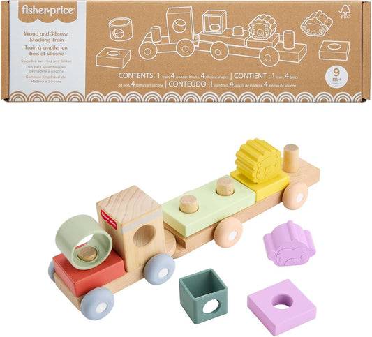 Fisher-Price Trem de madeira para bebês, brinquedo de empilhar, 9 peças com blocos de silicone e madeira para bebês e crianças a partir de 9 meses, JKH08
