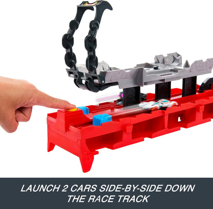 Conjunto de Pista de Carrinhos Hot Wheels City, Transportador Duplo de Dragões Supremo e 2 Carrinhos de Metal Fundido, Dragão em Grande Escala e Dragão Removível, Armazena Mais de 20 Veículos, JKJ79