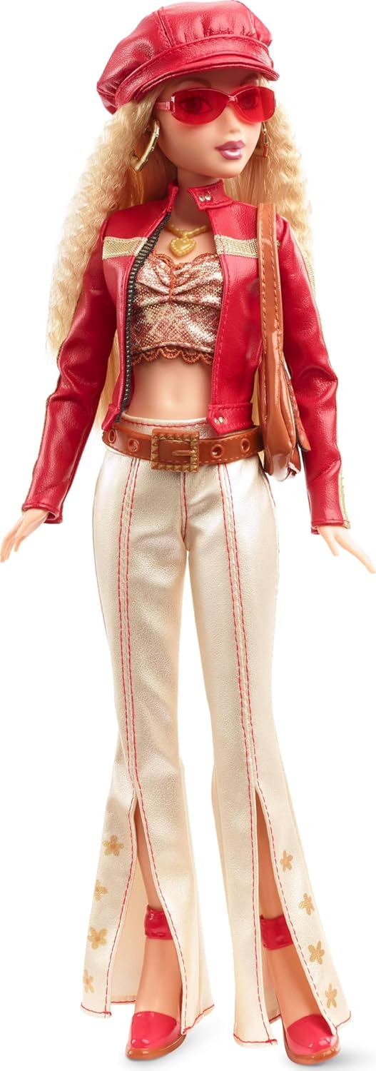 Barbie Boneca Signature My Scene e acessórios, em traje inspirado no Y2K com jaqueta de couro sintético, calças boca de sino, bolsa de sela e suporte para boneca, HYC17