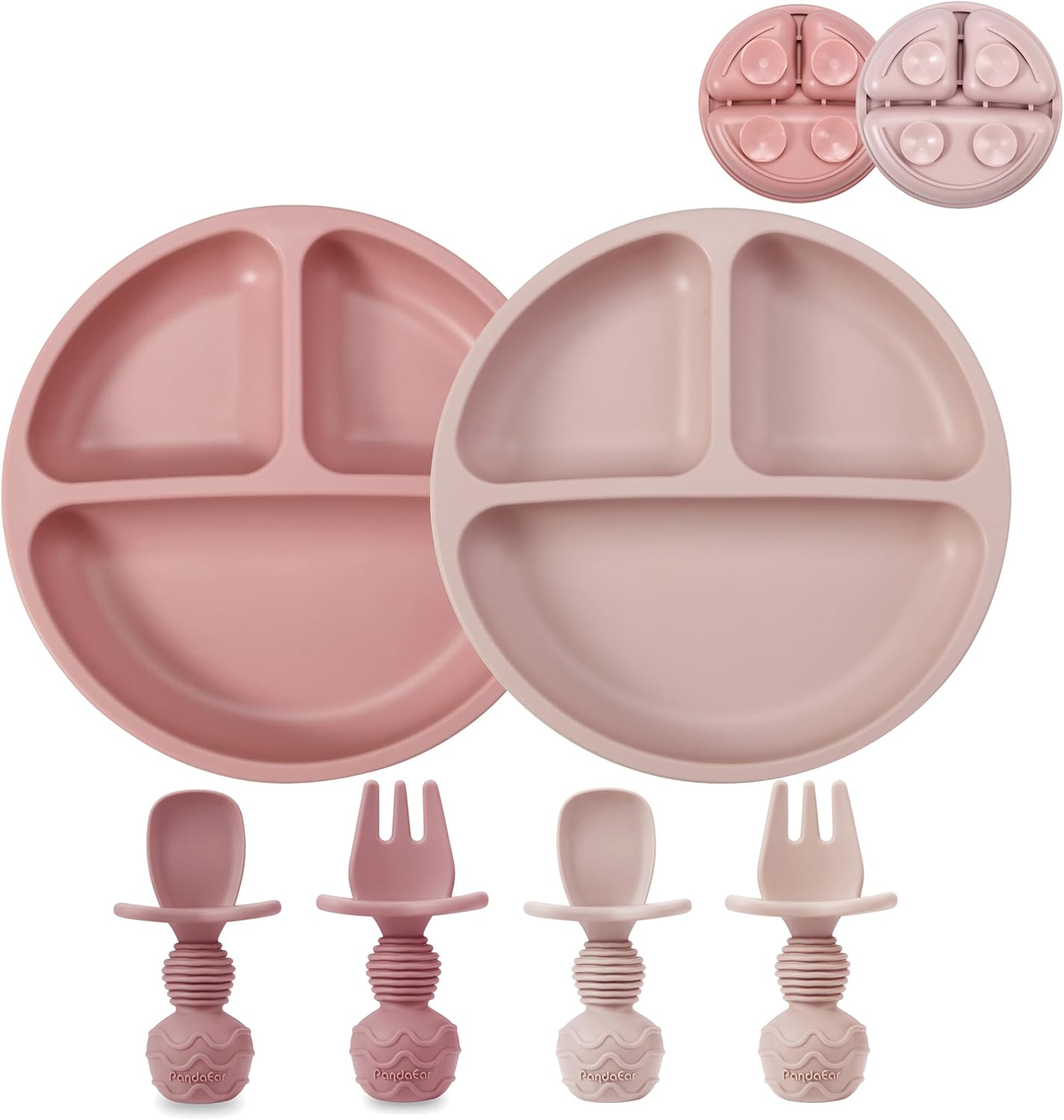 PandaEar Conjunto de 2 Pratos de Silicone com Ventosa para Bebês, Incluindo 2 Colheres e 2 Garfos para Introdução Alimentar, Pratos Divididos para Bebês e Crianças, Livre de BPA, Rosa
