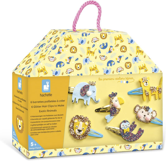 Janod - Conjunto de 6 prendedores de cabelo para criar - Animais exóticos - Les Ateliers Bijoux - Kit de lazer criativo infantil - Motricidade fina e criatividade - A partir de 5 anos - J09178