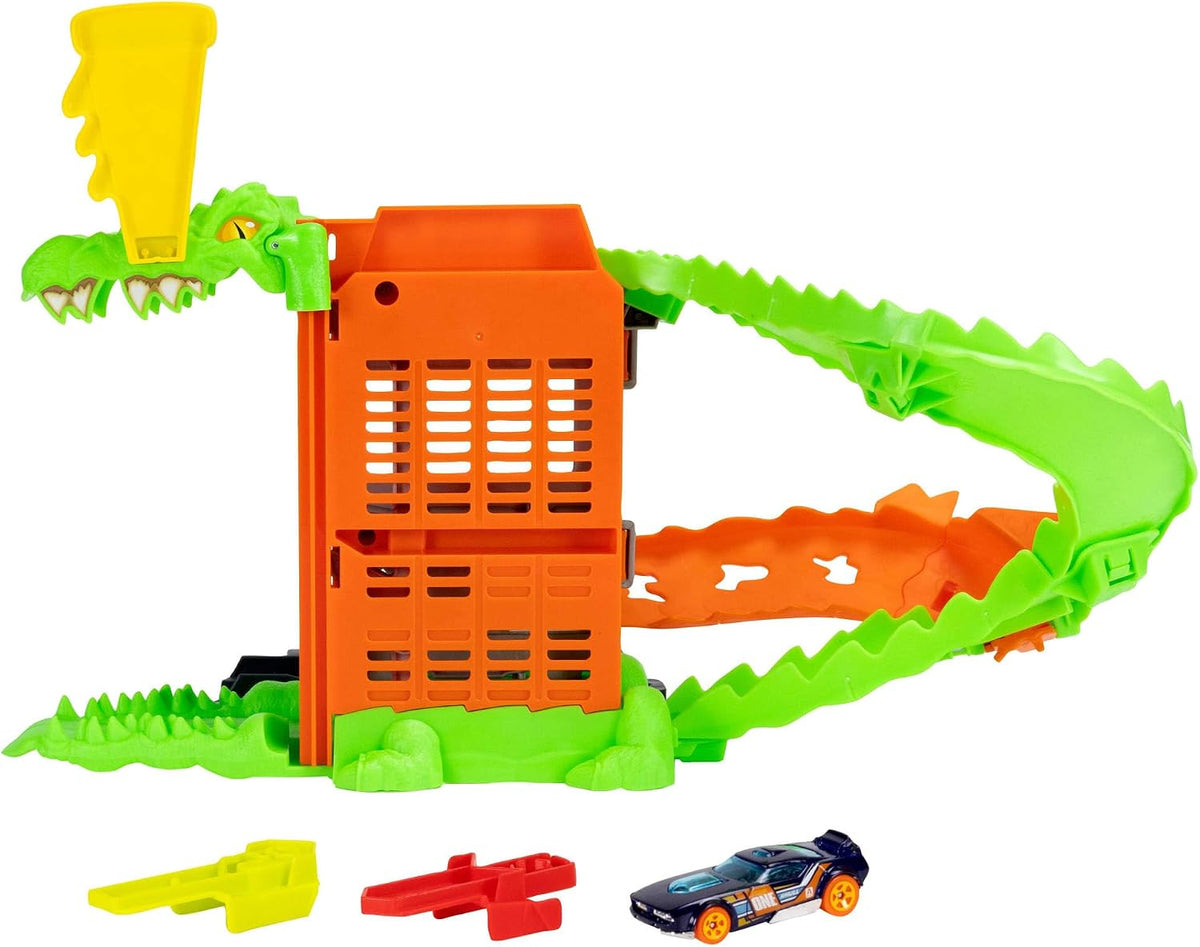 Hot Wheels Conjunto "Ataque da Pizza do Crocodilo" e carrinho em escala 1:64 | Lance os carrinhos pela pista para vencer o crocodilo inimigo e evitar ser devorado