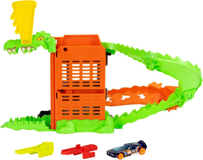 Hot Wheels Conjunto "Ataque da Pizza do Crocodilo" e carrinho em escala 1:64 | Lance os carrinhos pela pista para vencer o crocodilo inimigo e evitar ser devorado
