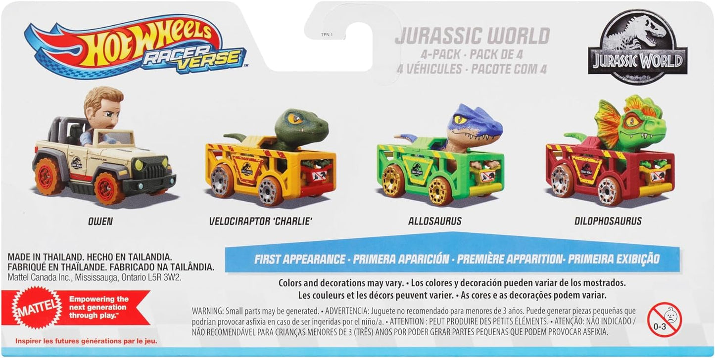 Hot Wheels Carros de brinquedo, RacerVerse 4 pacotes de veículos fundidos apresentando personagens do Jurassic World Charlie, Owen, Dilophosaurus e Allosaurus como motoristas, HKD32