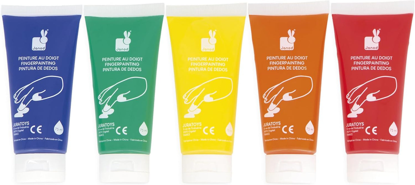 Janod - Pincéis - 4 tamanhos diferentes - Pincéis, Janod - Tintas para dedos para bebês a partir de 1 ano, Janod - Paleta de tinta à base de água - 12 almofadas e pincel, Janod - Avental de pintura infantil a partir de 18 meses