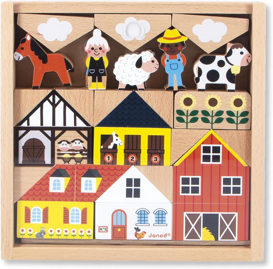 Janod - Conjunto de 34 cubos de madeira maciça - Tema country - Complemento ideal para tapetes de carro - Brinquedo de construção - Desenvolve a imaginação - FSCTM Madeira