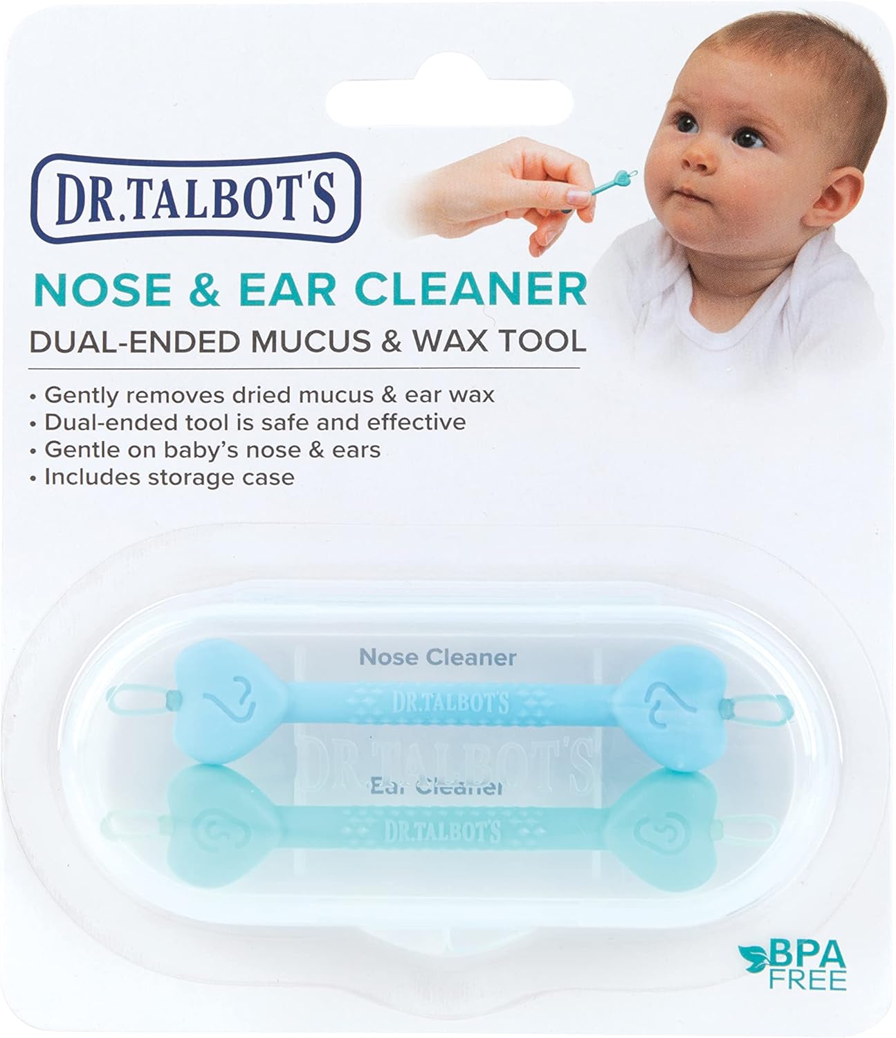 Dr. Talbot's Removedor de cera de ouvido e limpador nasal Safe para bebês - Sem BPA com estojo de viagem - Pacote com 2 - Menino