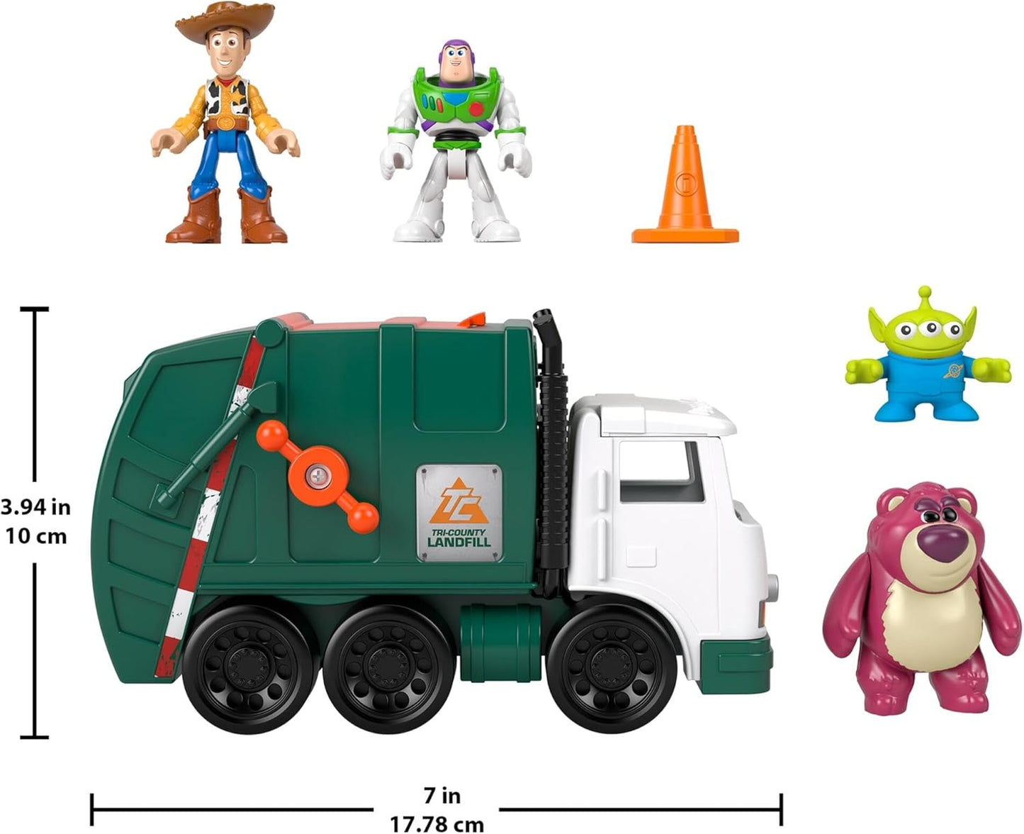 Fisher-Price Caminhão de Lixo Imaginext Disney e Pixar Toy Story com Figuras de Ação de Buzz Lightyear, Woody e Lotso de 7,6 cm, Amigo Alienígena e Veículo de Brinquedo, JLC41