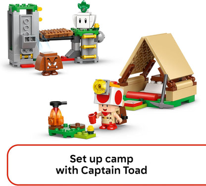 LEGO Super Mario Acampamento do Capitão Toad - Brinquedo interativo com 3 figuras, incluindo um Goomba, além de uma barraca e uma ponte que desaba - Presente para gamers a partir de 6 anos - 72040