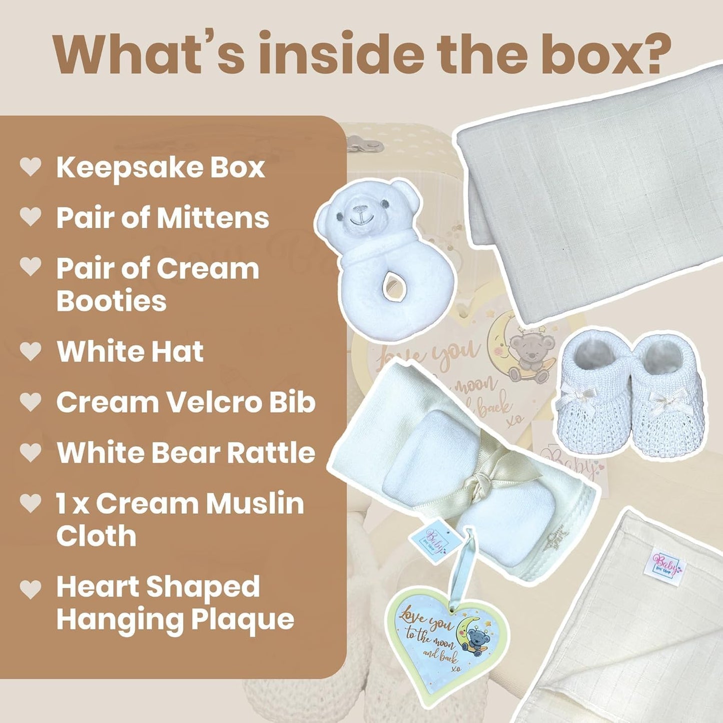Baby Box Shop - Conjunto de presente para recém-nascidos - Cesta premium com chocalho para cachorro, porta-retratos, tecido de musselina, chá de bebê para recém-nascidos