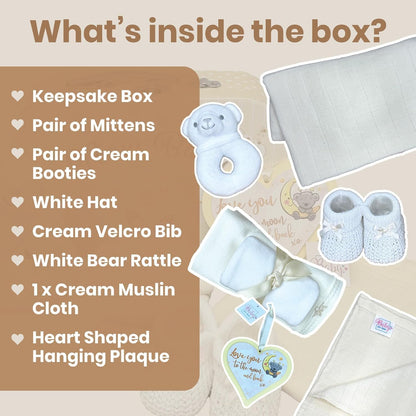 Baby Box Shop - Conjunto de presente para recém-nascidos - Cesta premium com chocalho para cachorro, porta-retratos, tecido de musselina, chá de bebê para recém-nascidos