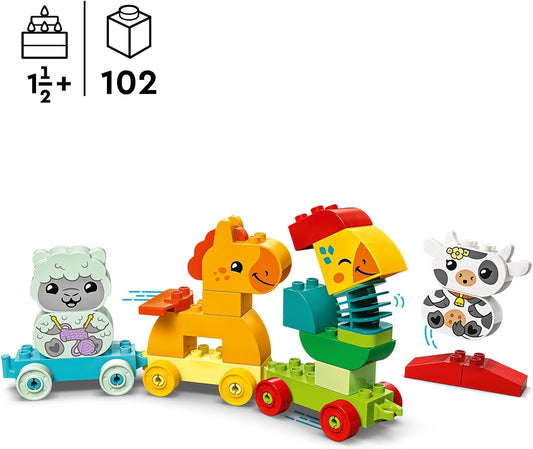 LEGO DUPLO Meu primeiro brinquedo de trem de animais para crianças, conjunto de aprendizagem de tijolos criativos com animais de fazenda de galo, cavalo, cordeiro e vaca, presente de aniversário para meninos e meninas amantes da naturez