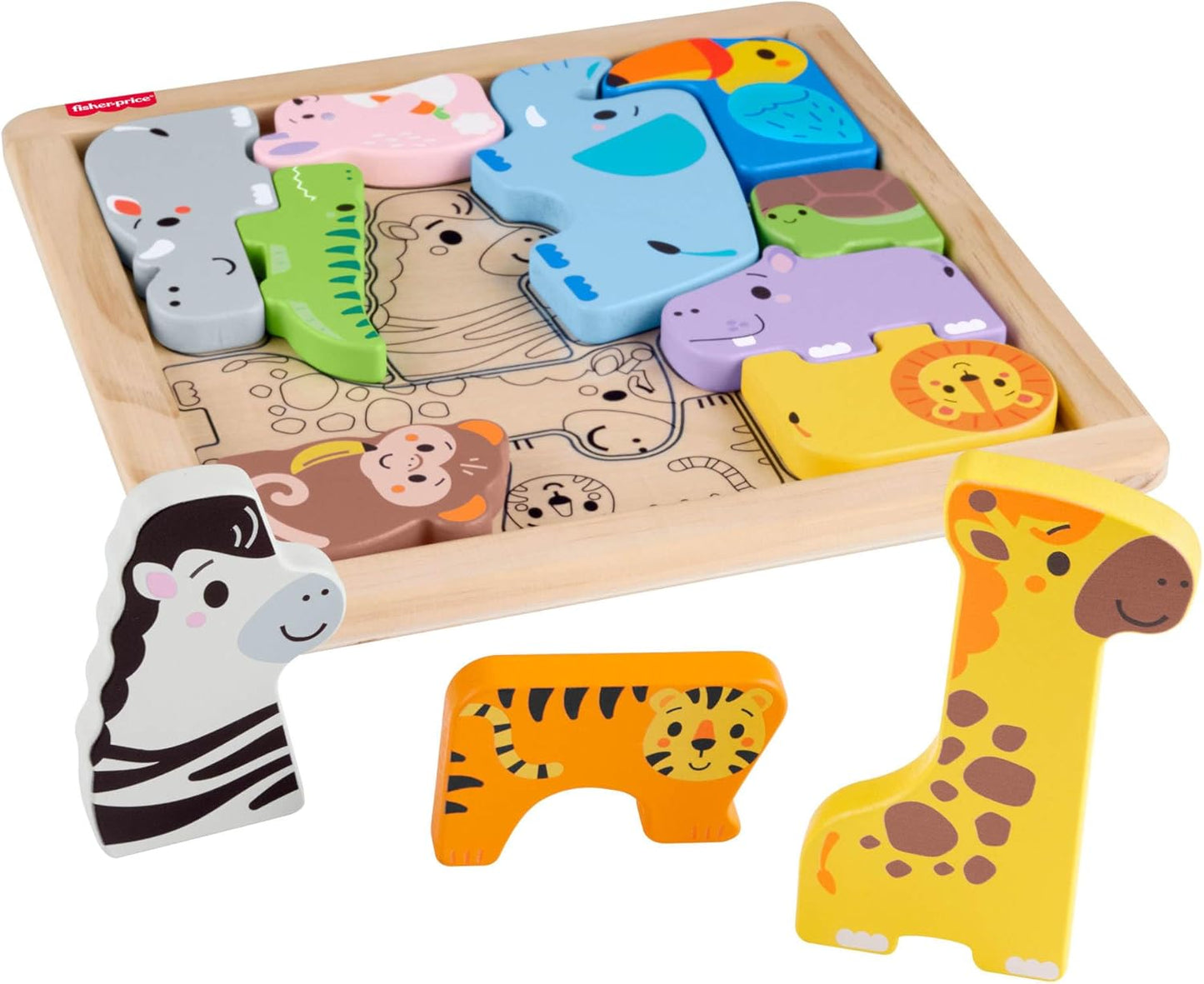Quebra-cabeça de madeira com animais da Fisher-Price para crianças pequenas, com 13 peças de madeira para encaixar formas e decorar, ideal para crianças em idade pré-escolar a partir de 2 anos (JFG10).