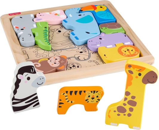 Quebra-cabeça de madeira com animais da Fisher-Price para crianças pequenas, com 13 peças de madeira para encaixar formas e decorar, ideal para crianças em idade pré-escolar a partir de 2 anos (JFG10).