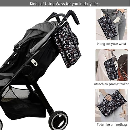 Bebamour Cambiadores de pañales portátiles con toallitas húmedas para viajes Cambiadores de bebé con almohadilla para la cabeza del bebé Cambiadores de pañales impermeables Esenciales para recién nacidos, flor