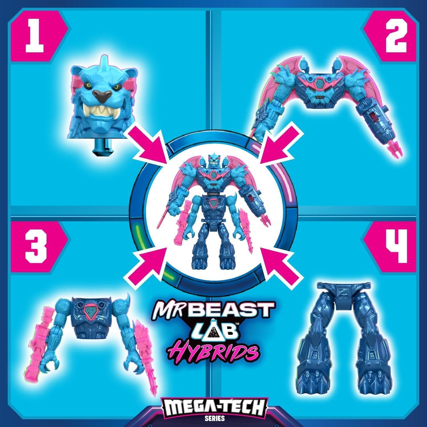 Mega Pacote MrBeast Lab Hybrids, 4 Bonecos Combináveis, 7 Acessórios