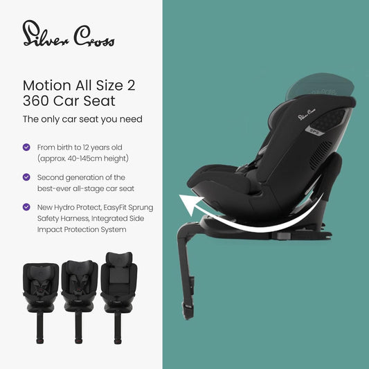 Silver Cross Cadeira auto Motion All Size 2 360 - Recém-nascido a 12 anos - Cadeira auto Isofix - Cinto de segurança de 5 pontos - Rotação de 360° - Espaçosa