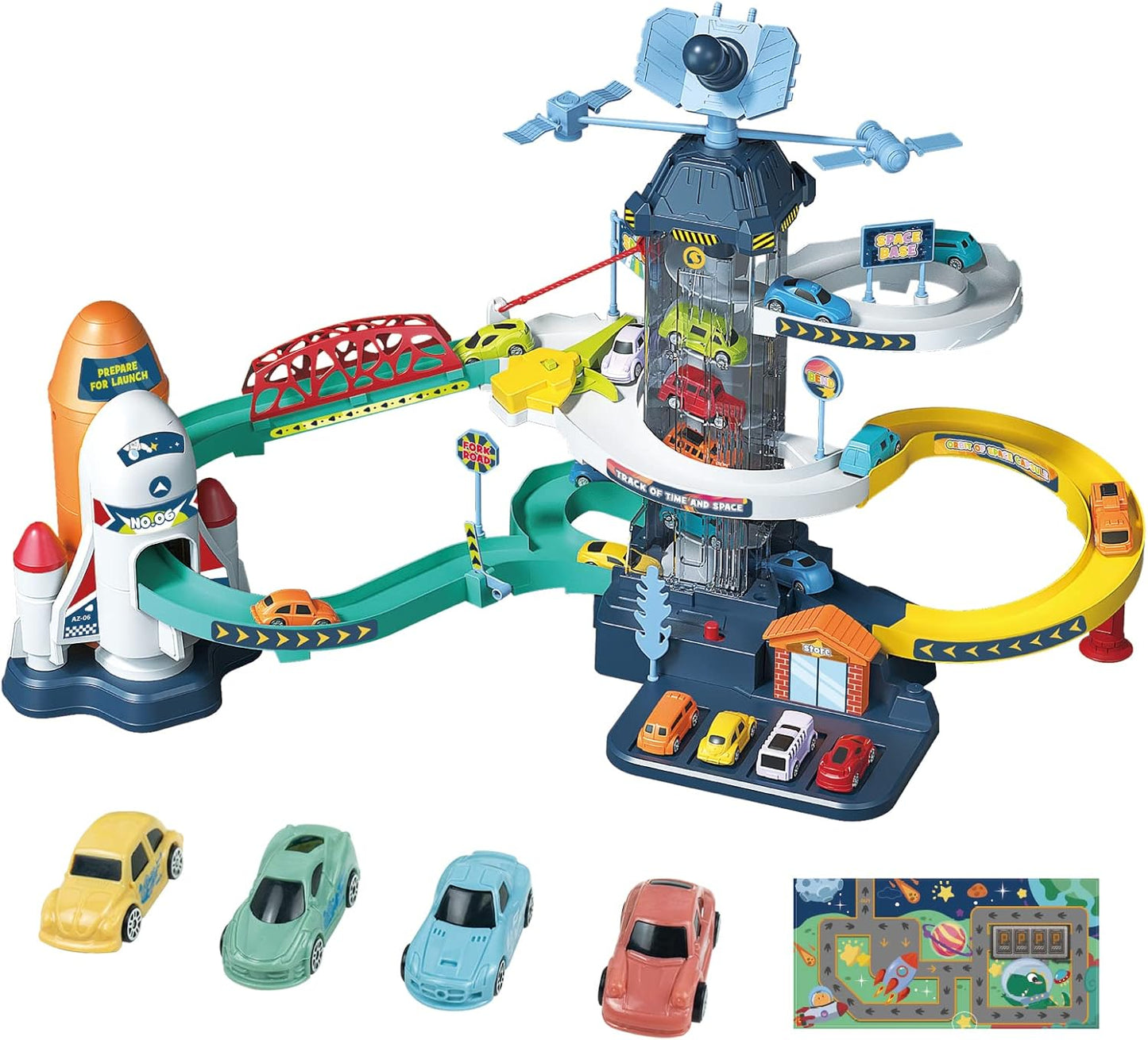 RedCrab Pista de Corrida de Carrinhos com Elevador, Brinquedo para Meninos, Rampa Espacial para Carrinhos, Conjunto de Estacionamento e Aventura, Garagem para Carrinhos com Elevador Elétrico para Crianças, 62 x 30 x 38 cm