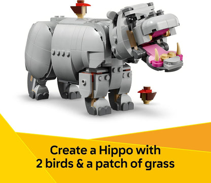 LEGO Creator 3 em 1 Animais Selvagens: Rinoceronte Majestoso com Pássaros - Figura de Animal que se Transforma em um Modelo de Hipopótamo ou uma Morsa - Presente Criativo para Meninas e Meninos a partir de 9 Anos - 31171