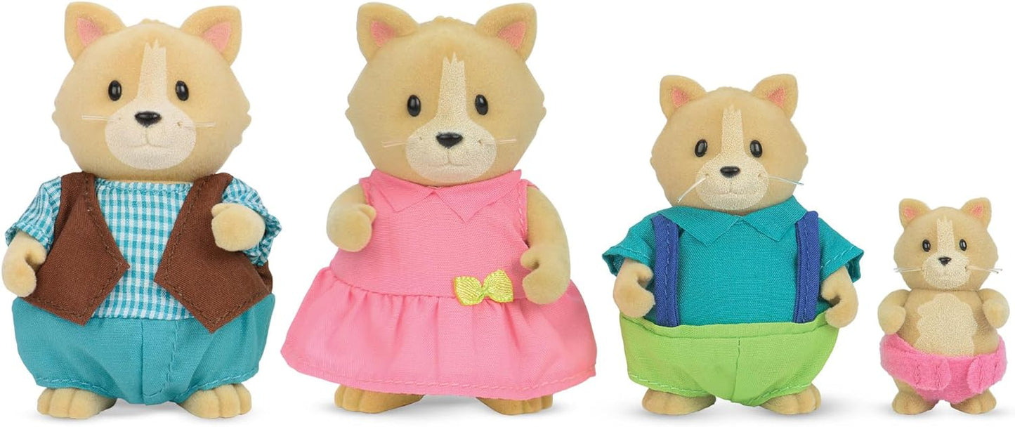 Li'l Woodzeez - Familia de gatos Whiskerelli - Juego de juguetes de 5 piezas con figuras de animales en miniatura y libro de cuentos - Juguetes y accesorios de animales para niños a partir de 3 años