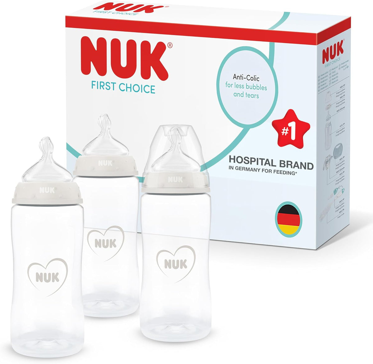 NUK Mamadeiras First Choice | 3+ meses | 300 ml | Mamadeira anticólica | Polipropileno (PP) | Indicador de controle de temperatura | Neutra | Kit com 3 unidades