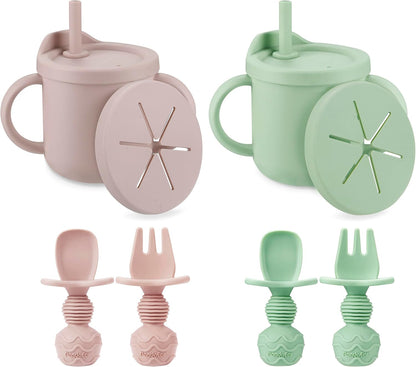 PandaEar Conjunto de 2 Copos de Silicone Multifuncionais com Canudo, Colheres e Garfos, para Bebês e Crianças Pequenas, Antivazamento, Rosa e Verde