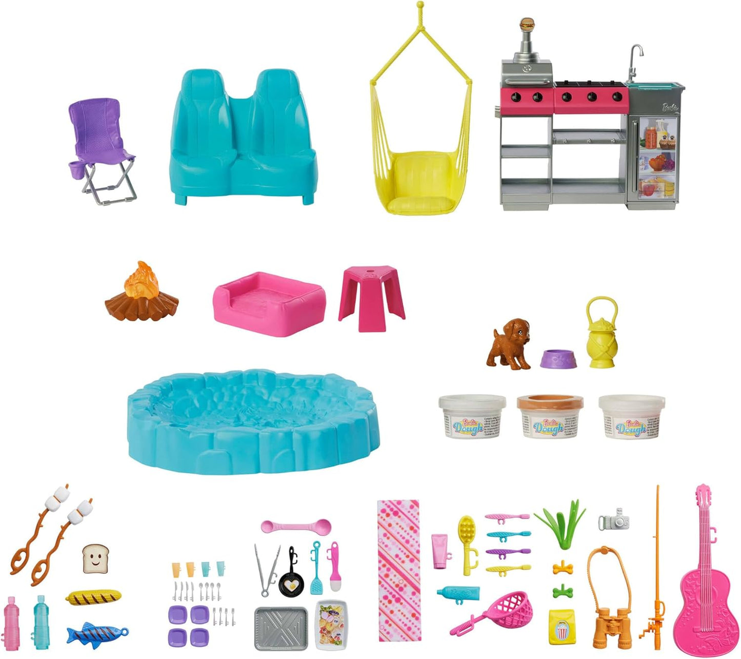 Barbie Conjunto de brinquedos Dream Camper com barraca de teto, cadeira de balanço, lago para pescar, churrasqueira com função de mudança de cor e mais de 60 acessórios, incluindo massinha de modelar, HRJ78