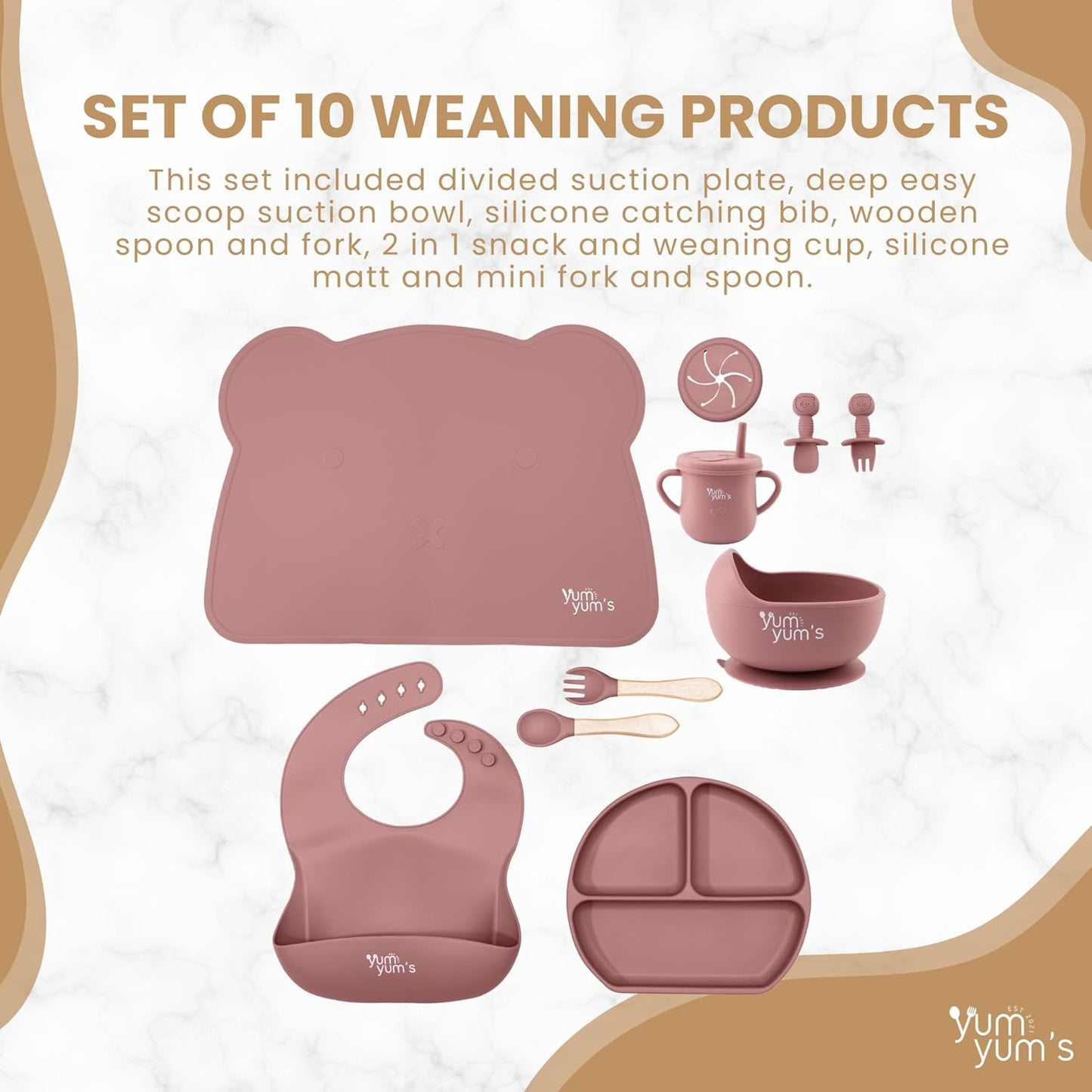 Yum Yum's Conjunto de Introdução Alimentar Baby Rosa com 10 Peças - Kit Completo para Alimentação Infantil com Prato Dividido, Tigelas com Ventosas, Talheres com Protetor Bucal, Copo com Canudo,