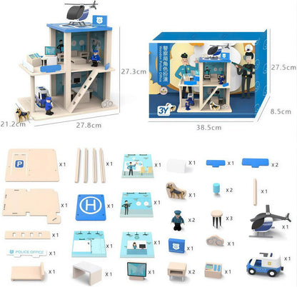 Delegacia de Polícia de Madeira, Casa de Bonecas para Brincar de Faz de Conta, Multicolorida, 3 Andares com Figuras, Caminhão, Helicóptero e Acessórios