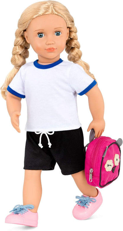 Muñeca suave Hally de 18 pulgadas de Our Generation con accesorios navideños: ojos únicos de color gris azulado y cabello rubio rizado