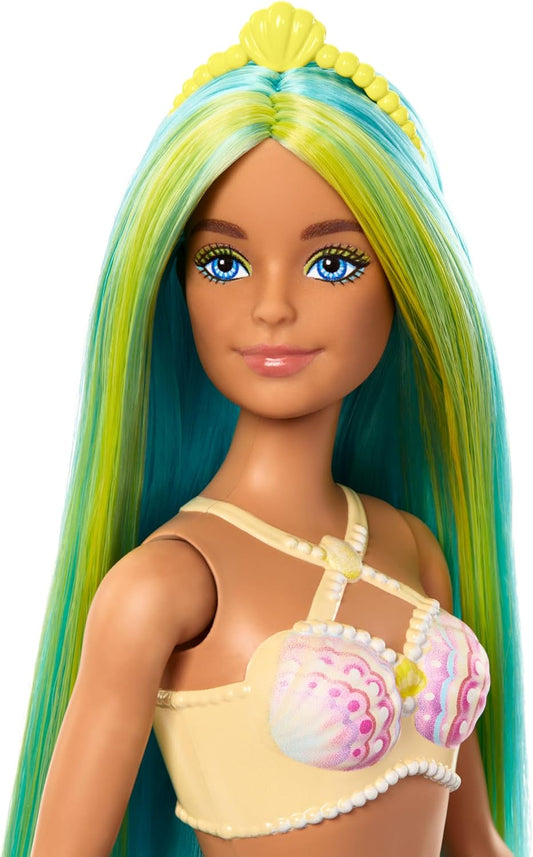 Muñecas Barbie Sirena con accesorios para cabello y diadema de fantasía, juguetes de sirena con corpiño inspirado en conchas marinas y colas coloridas, HR03