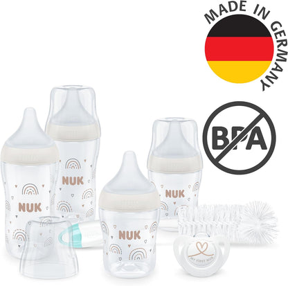 NUK  Conjunto de mamadeiras Perfect Start Perfect Match | 0-6+ meses | Adapta-se ao Paladar do Bebê | 4 x mamadeiras anti-cólicas, manequim, escova de mamadeira e muito mais | Sem BPA | 7 contagem