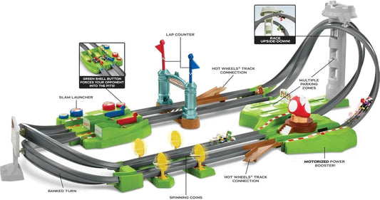 Conjunto de Pista Hot Wheels Mario Kart Circuit com Réplicas de Kart em Escala 1:64 em Metal Fundido, para Crianças a partir de 18 Anos, HFY15, Verde