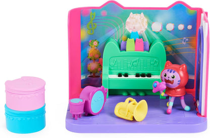 Gabby's Dollhouse, Sala de Música Groovy com Figura de Catnip do Daniel James, 2 Acessórios, 2 Móveis e 2 Entregas & Sala de Brincar Carlita Purr-ific com Carrinho de Brinquedo Carlita e Acessórios