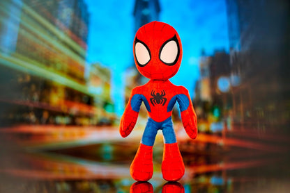 Boneco de ação do Homem-Aranha do Aranhaverso da Disney, 25 cm, de pelúcia, com olhos que brilham no escuro, nas cores azul, roxo e branco.