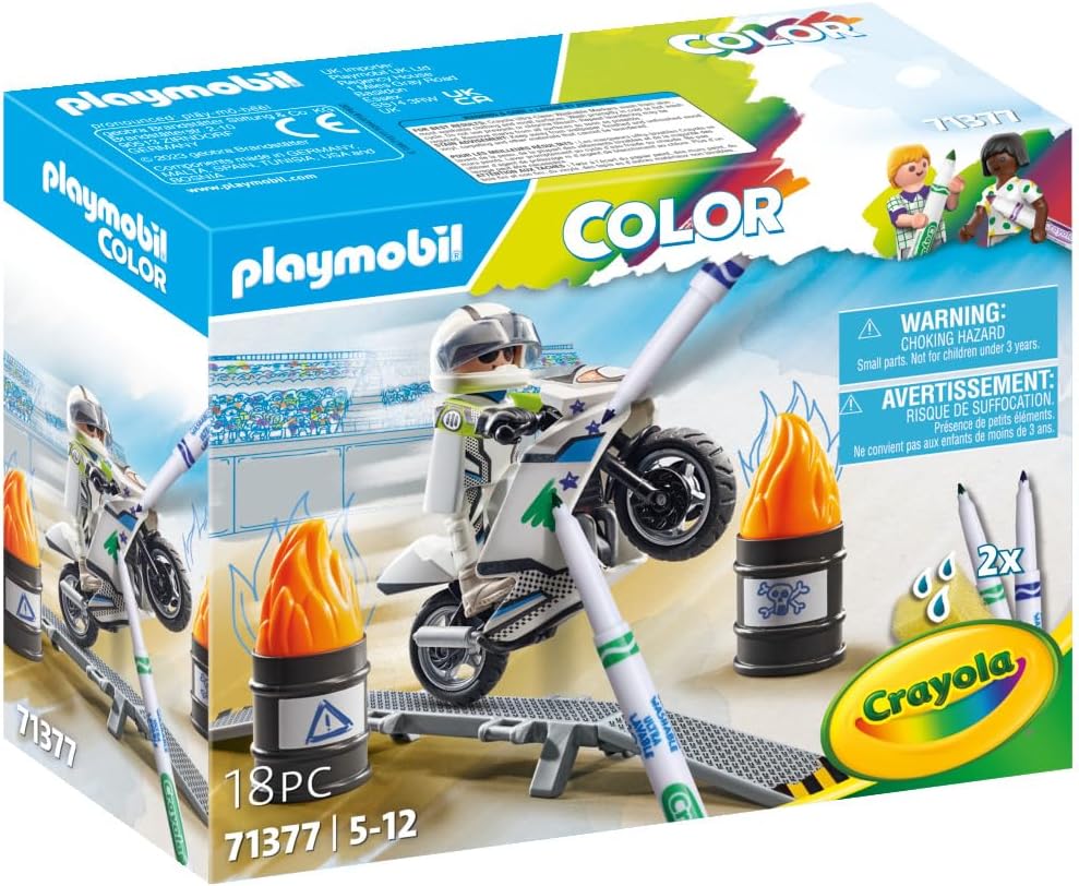 Playmobil 71377 Color Motorbike, design de veículo criativo com marcadores solúveis em água e acessórios para acrobacias incríveis, dramatizações divertidas e imaginativas, conjuntos de jogos artísticos adequados para crianças a partir de 5 anos