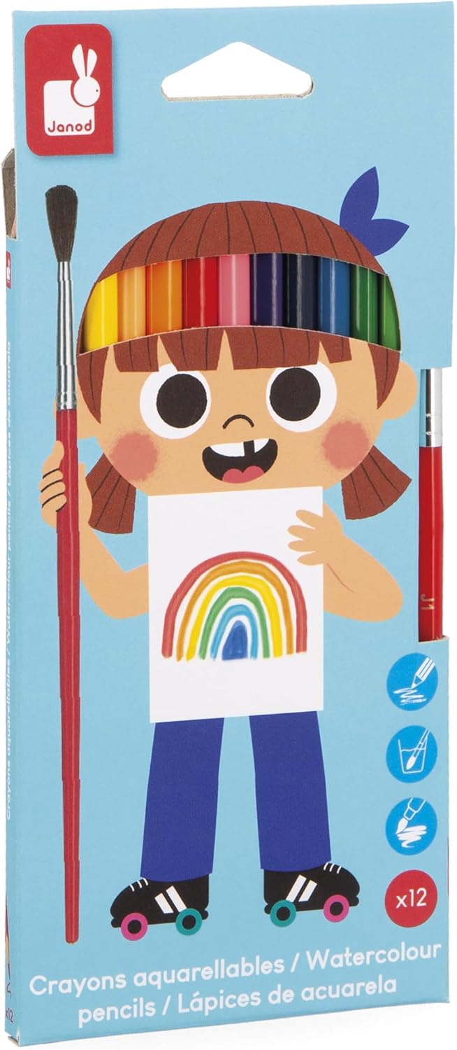 Janod - Conjunto de 10 lápis de gel aquarela - Sistema de torção para manter as mãos limpas - Giz aquarela - Brilhante, Janod - Conjunto de 12 lápis de aquarela + 1 pincel incluído - Mina macia e resistente - Desenhe